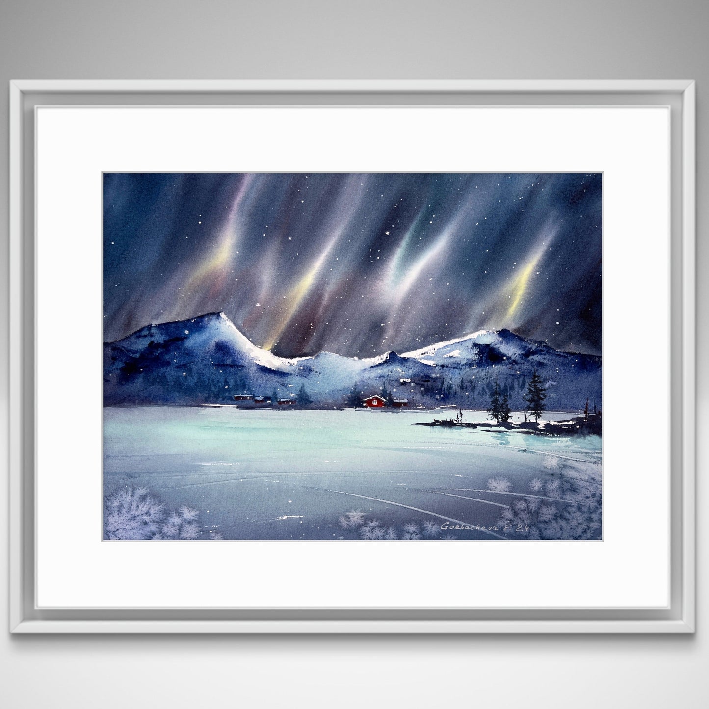 Northern lights #49 - Snowy Village Nordic Art: Cozy Red House Watercolor Painting, 9x12 in