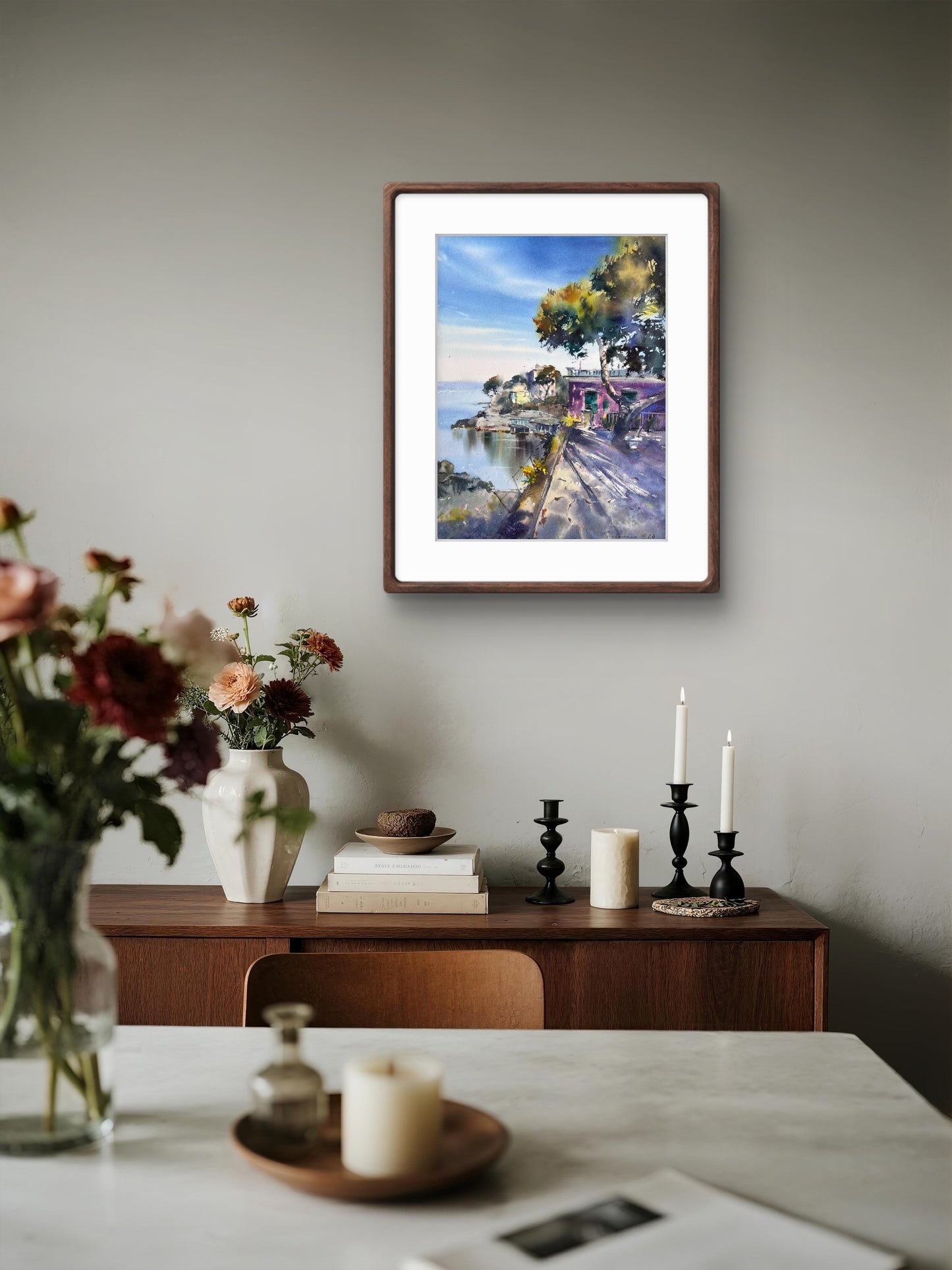 Original Watercolor Painting Liguria Italy Coastal Landscape, Blue Italian Morning. Liguria 12x16