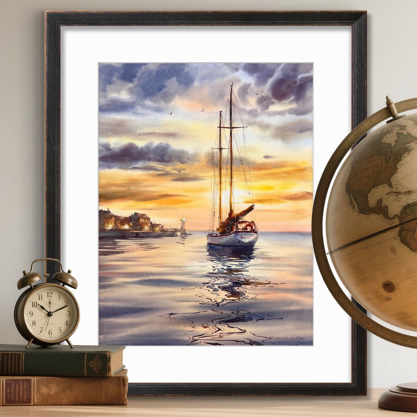 Original Watercolor Sailboat Painting, Sunset Harbor Seascape, Sunset Odyssey 12x16