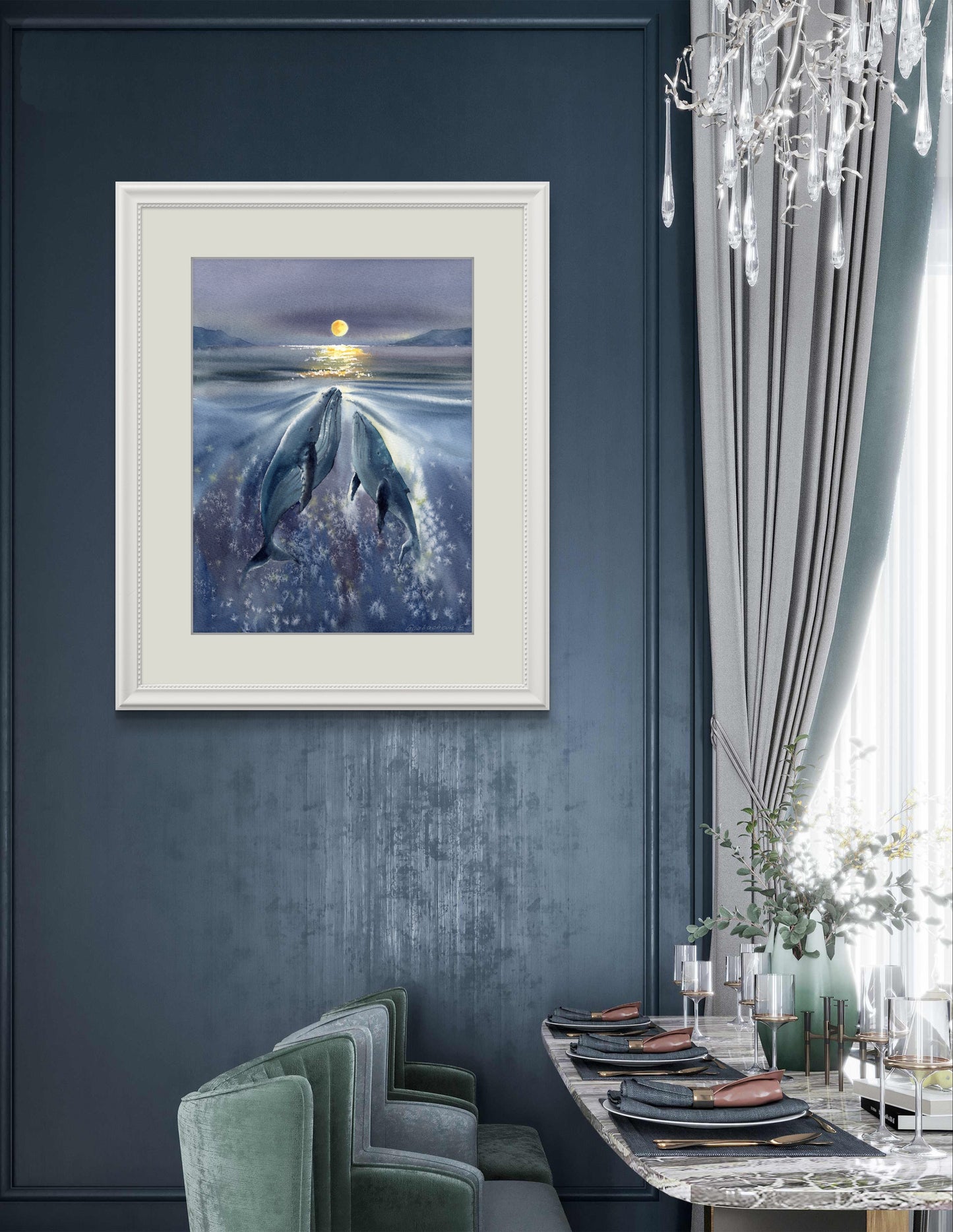 Whale Family Moonlight Watercolor Print - Whale Ocean Art