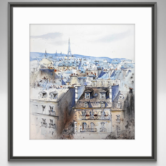 Paris Rooftops Watercolor Painting | Eiffel Tower Urban Sketch |Blue hour of Paris 12x13