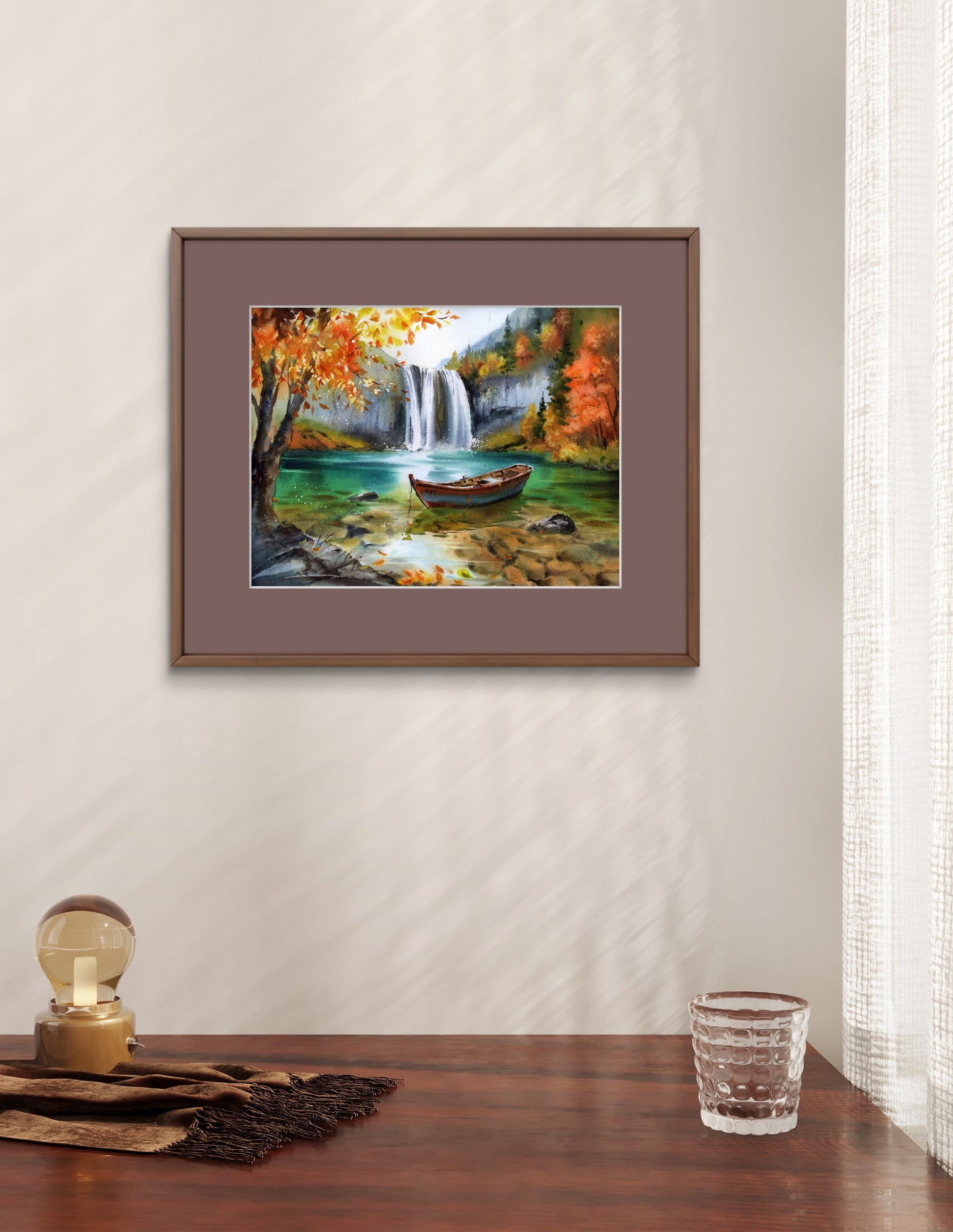 Original Waterfall Watercolor Painting, Autumn Landscape Wall Art, Boat Beneath Autumn’s Cascade 12x16 in