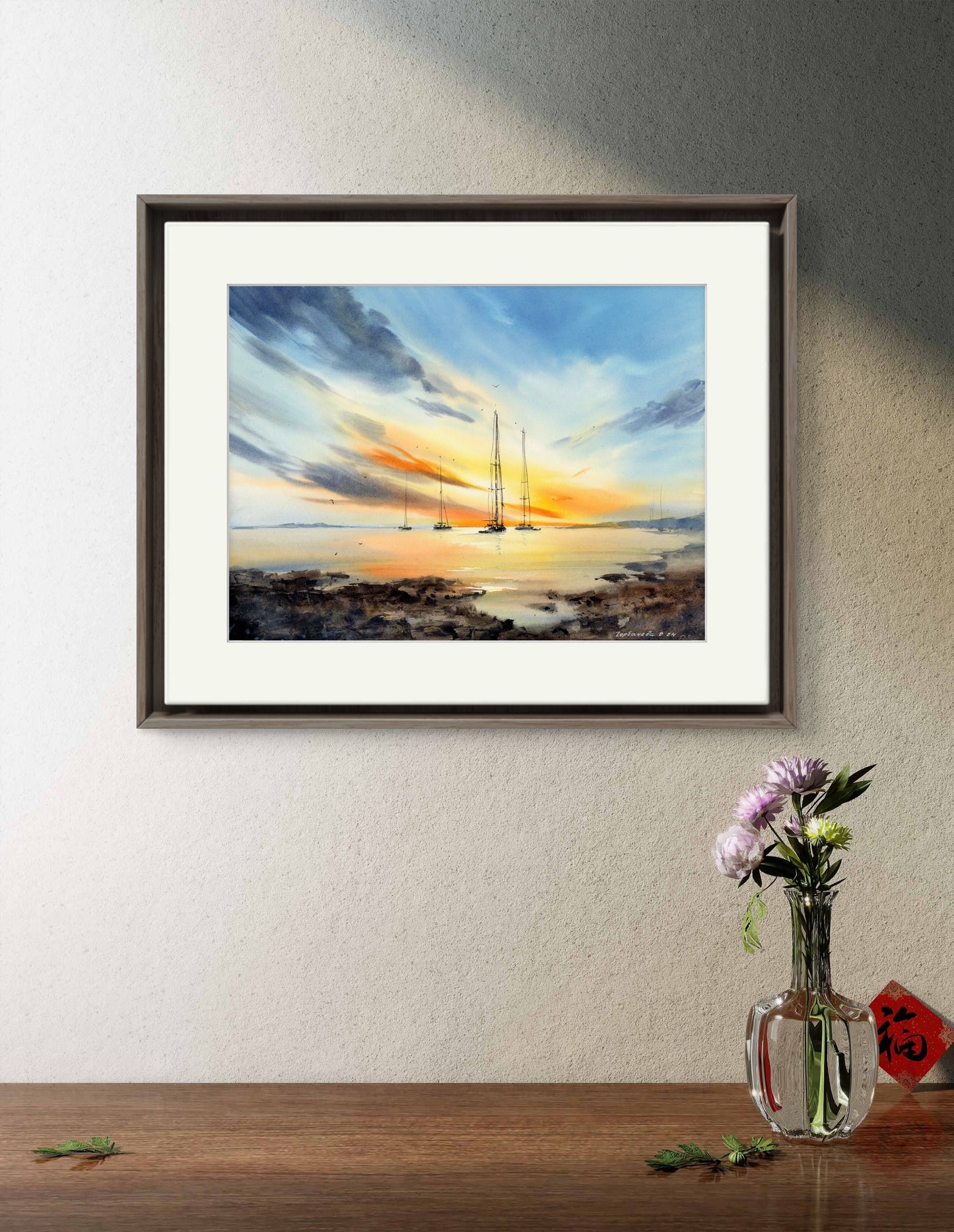 Watercolor Yachts at Sunset #20, Original Artwork, Coastal Painting 12x16