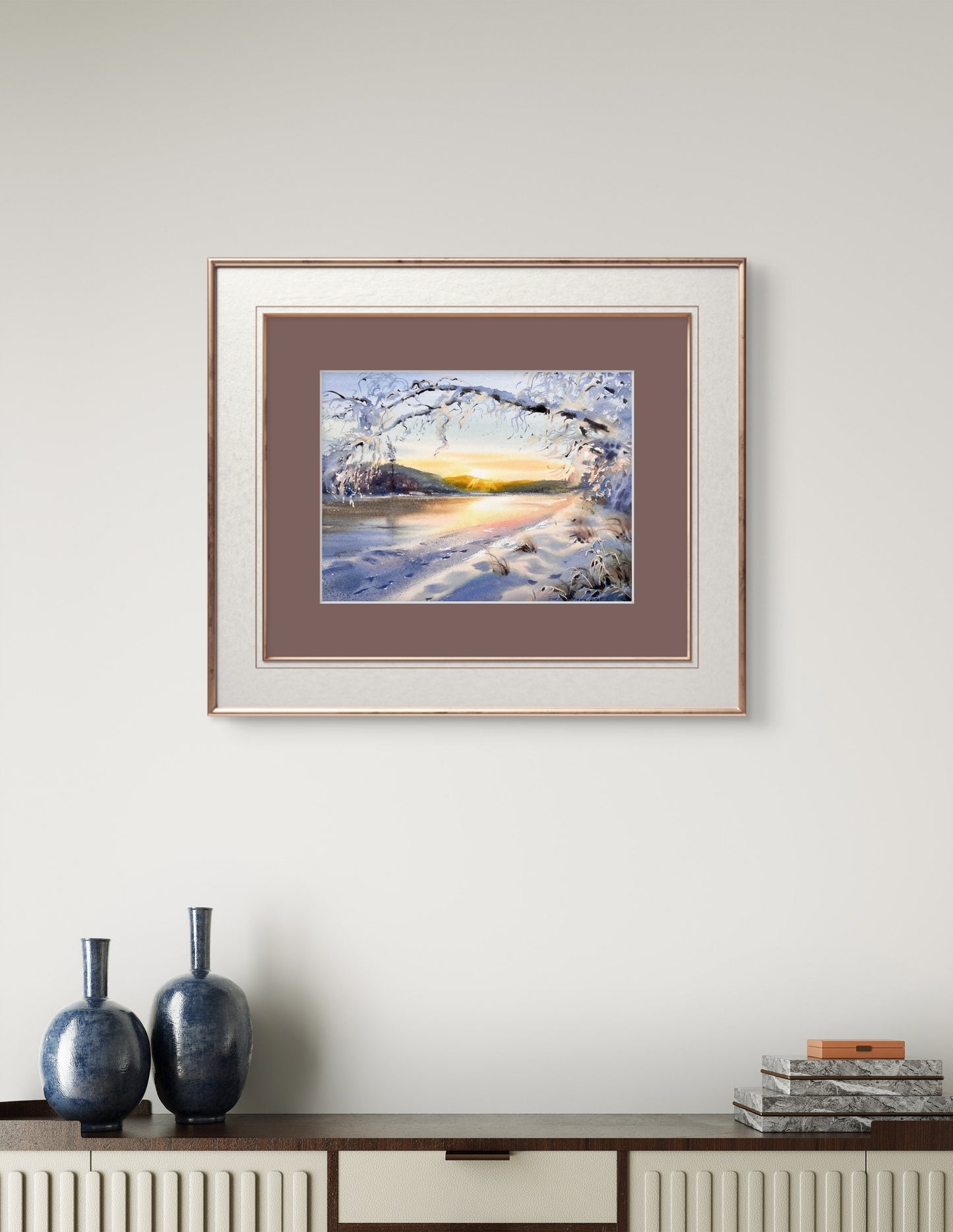 Winter Sunrise Watercolor Painting, Original Snowy Landscape Art, Golden Winter Hush 9X12