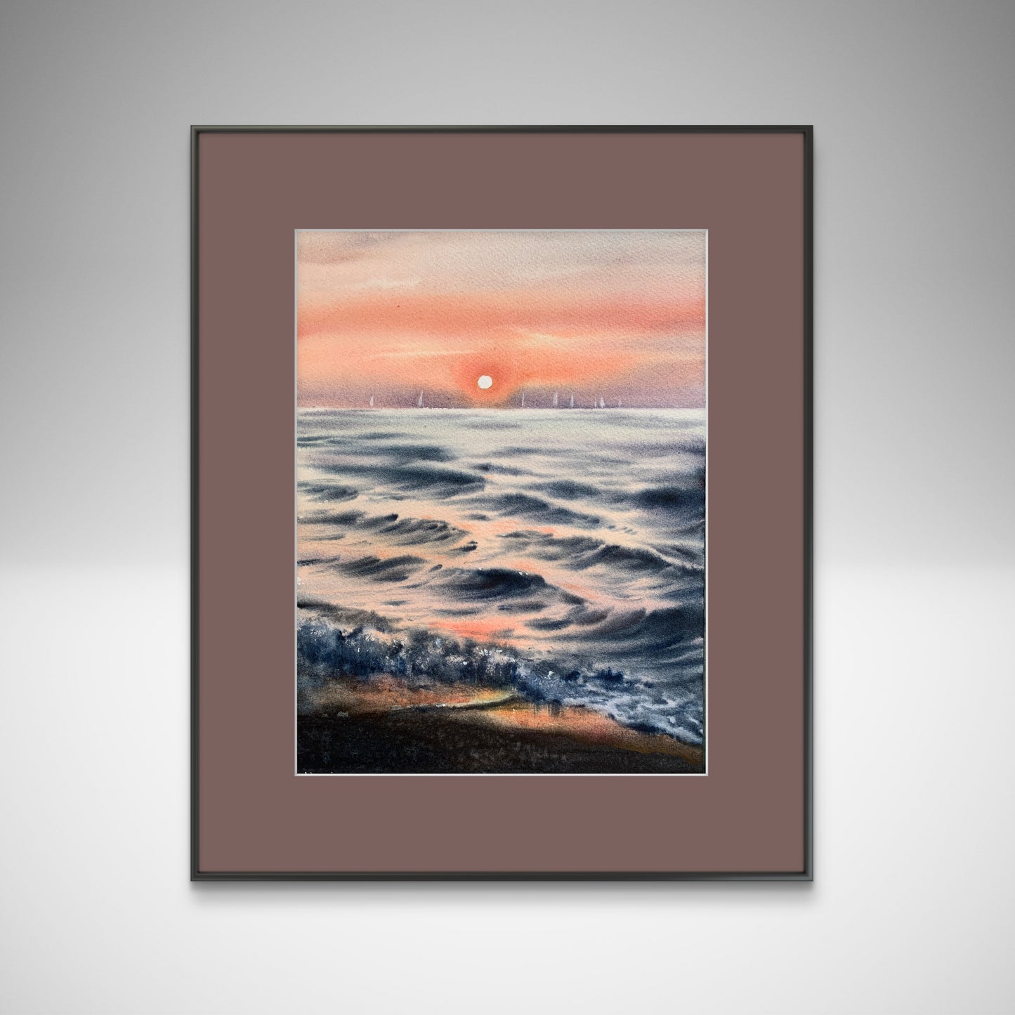 Pink Sunset Sea Watercolor Painting, Orange sunset #7 9x12
