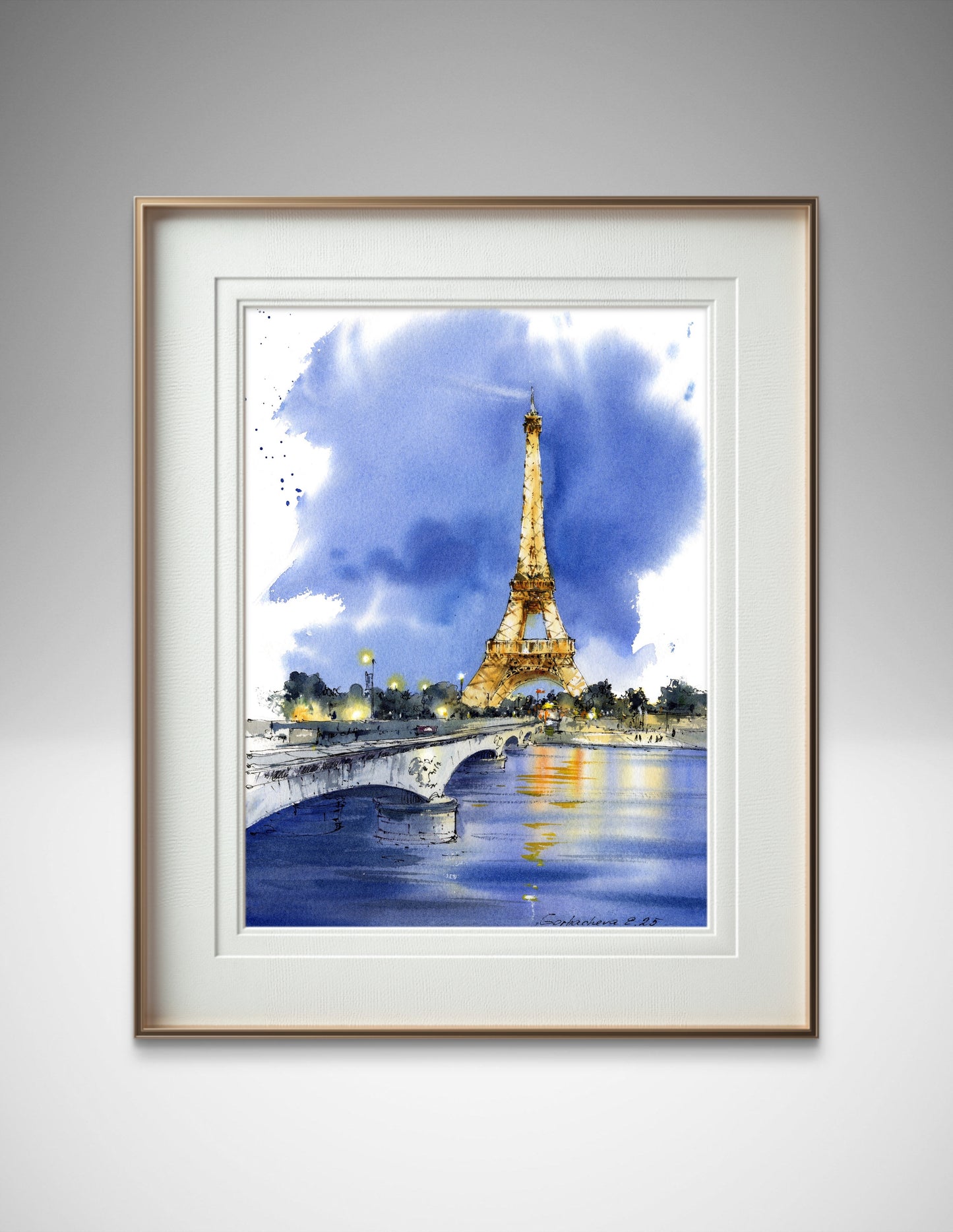 Eiffel Tower Watercolor Painting at Night, Paris Cityscape Art, Paris Lights 9x12 in