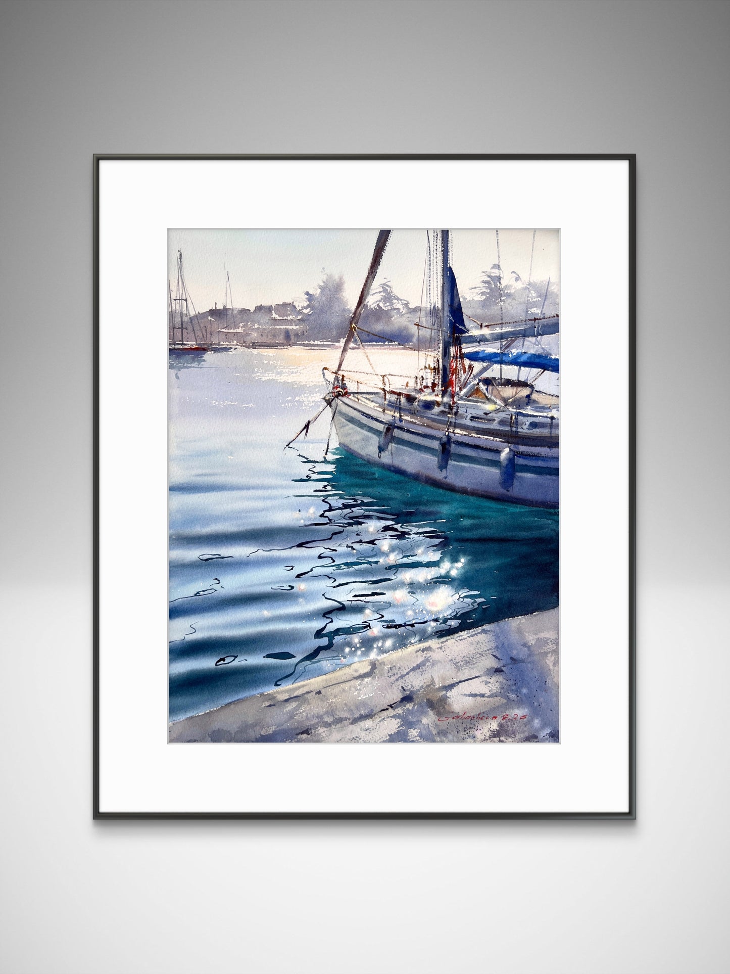 Original Watercolor Sailboat Painting, Marina Seascape, Dancing Reflections 12x16