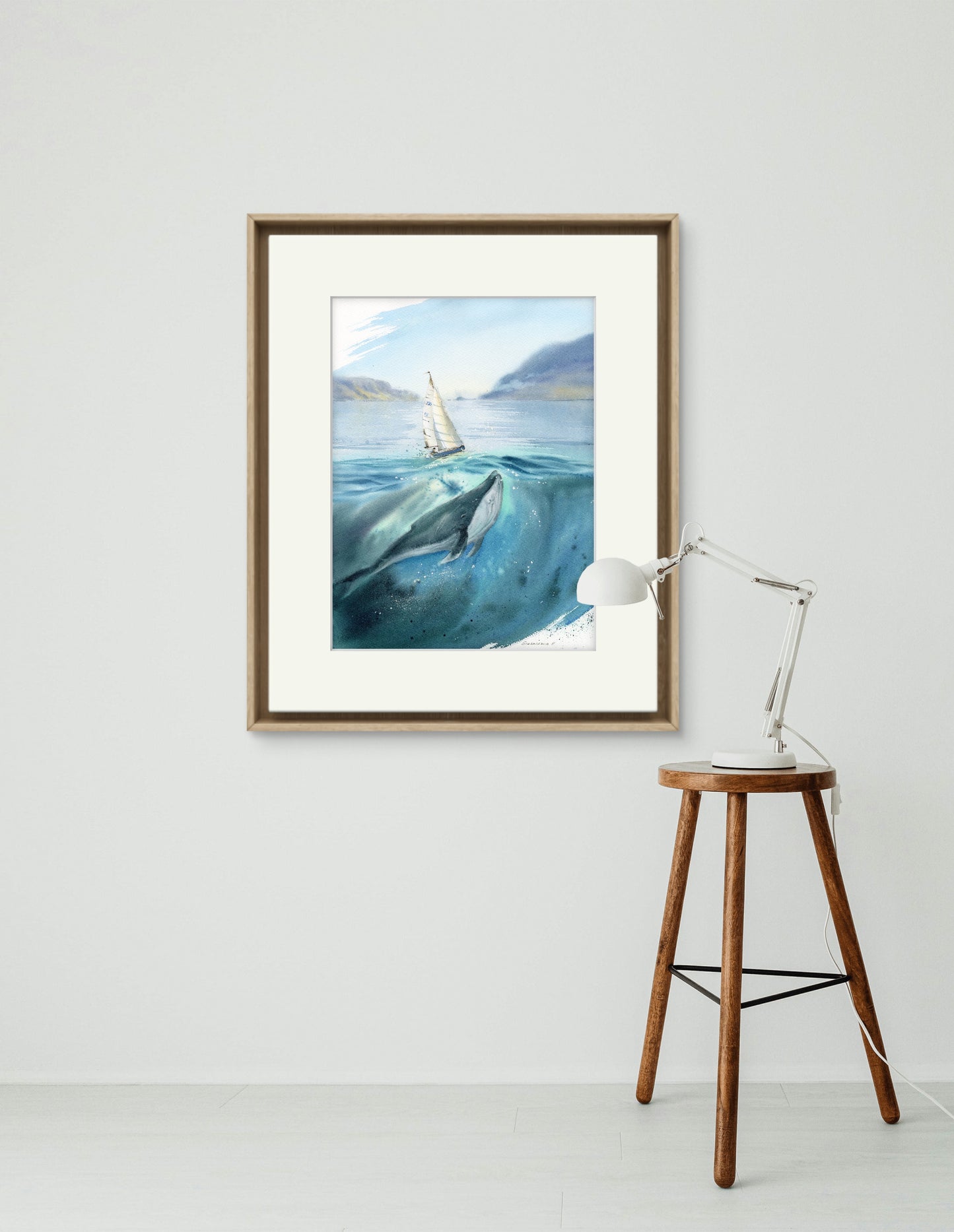 Whale & Sailboat in Watercolor - Original Painting - Beautiful Seascape with Yacht & Coastline