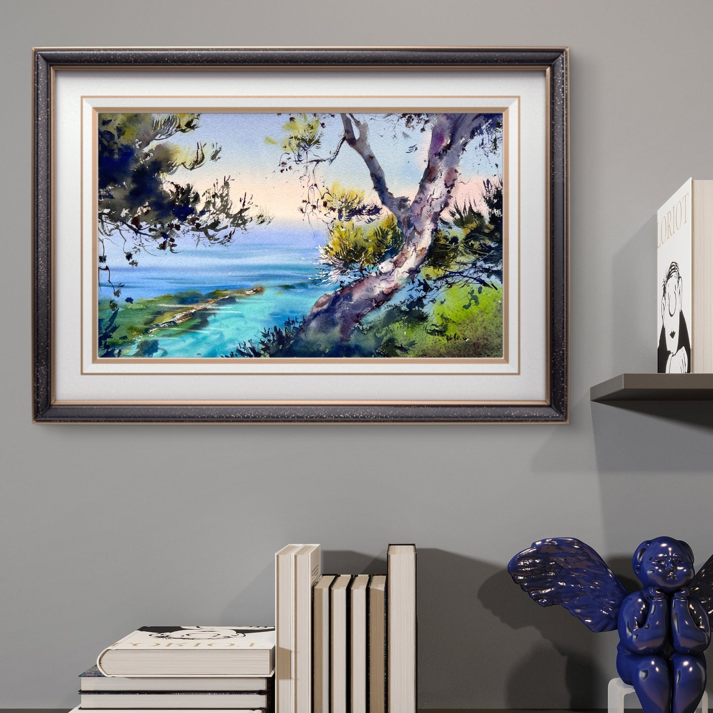 Original Italy Watercolor Painting, Italian Coastal Landscape, The azure serenity of Italy 9x15