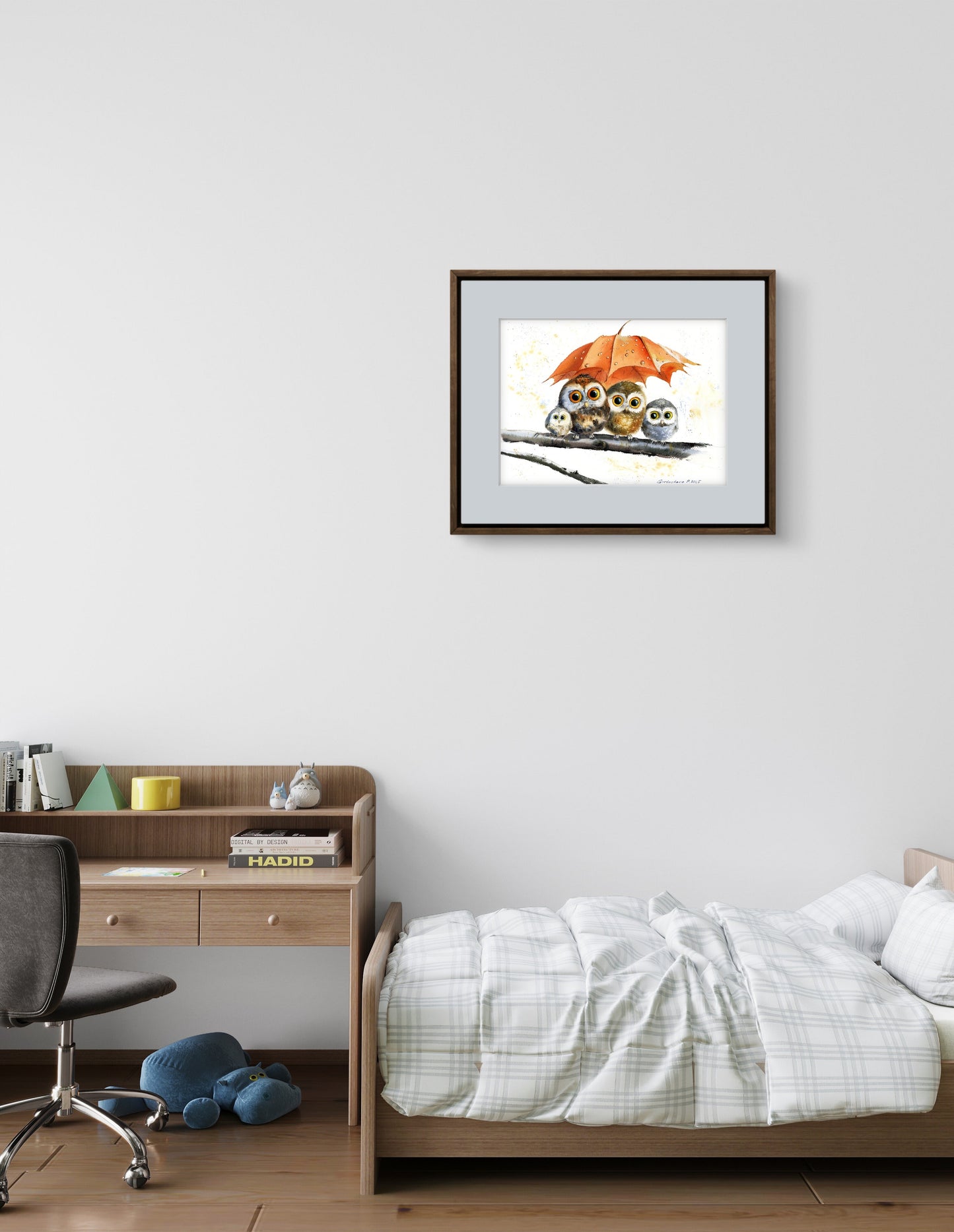 Original Owl Watercolor Painting | Cute Owls Under Autumn Leaf |Owl Umbrella Haven 11x15 in