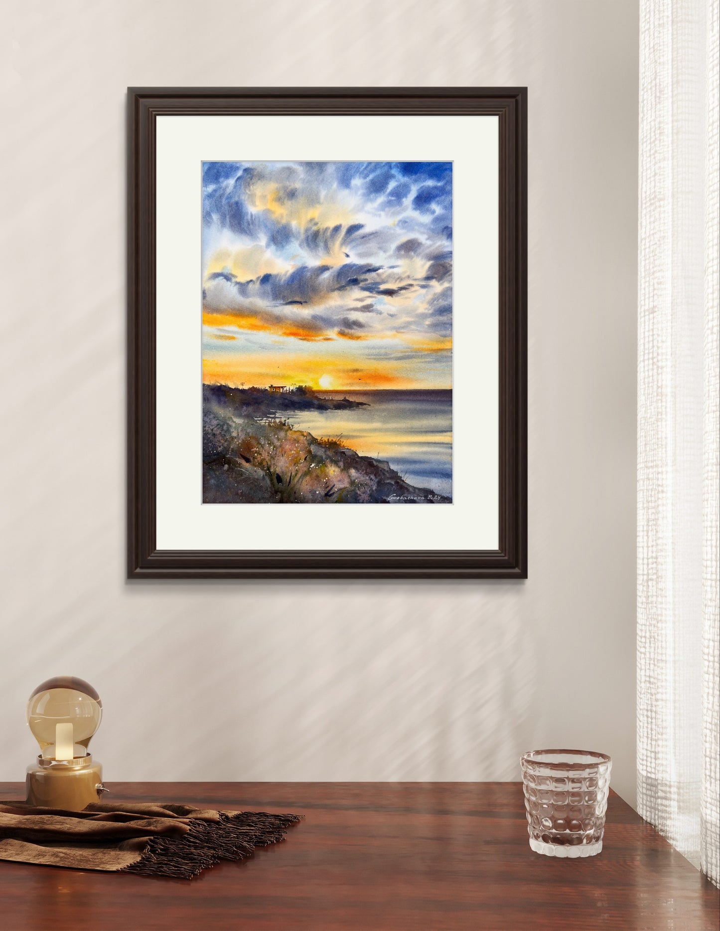 Sunset in Cyprus Coastal Landscape - Original Watercolor Painting