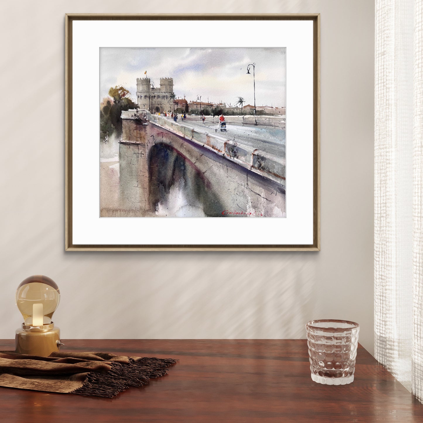 Valencia Watercolor Painting Print, Historic Bridge Torres de Serranos, Valencia Dreaming Towers 14x14.4