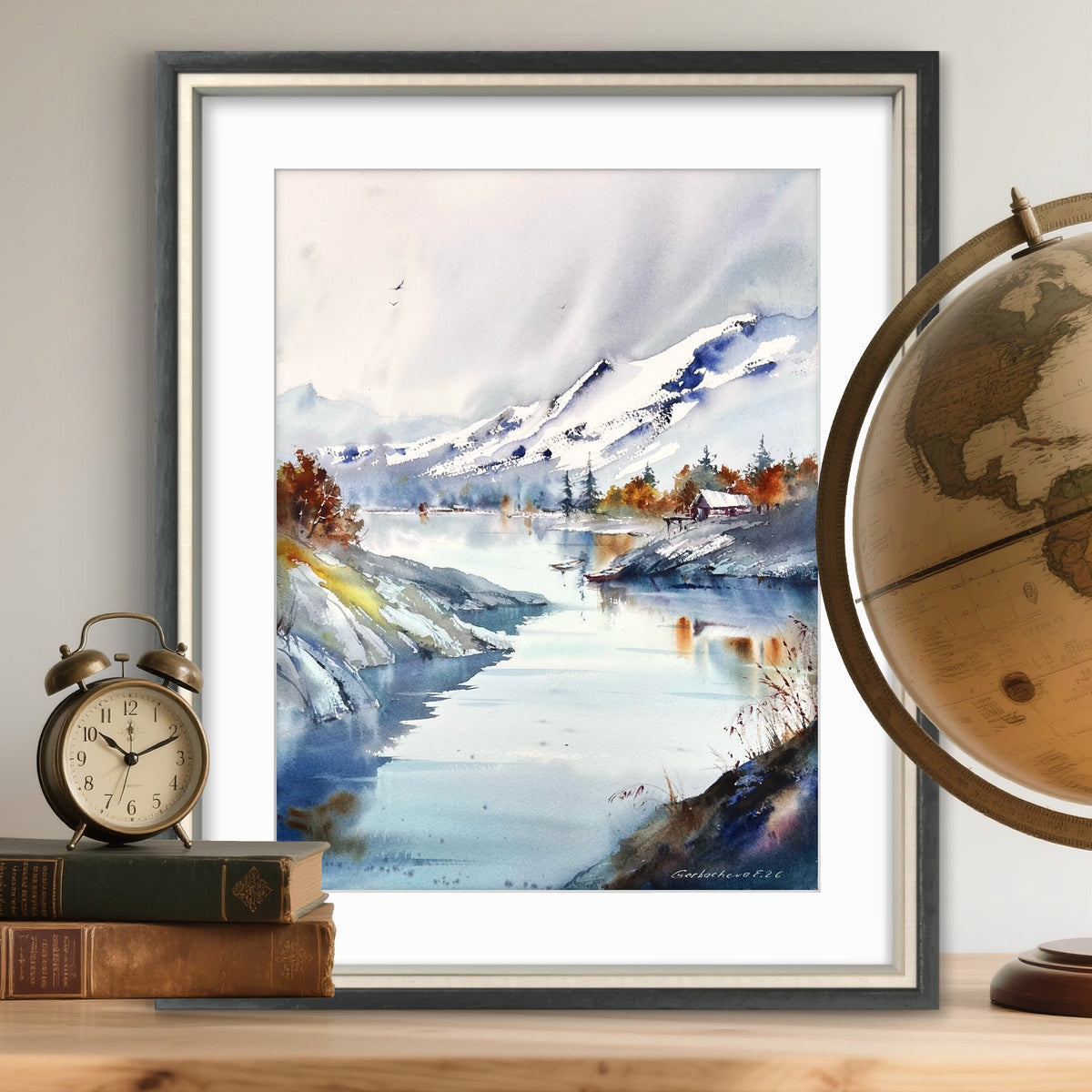 Mountain Lake Watercolor Painting, Snowy Mountain Landscape Art, Echoes of a Mountain Lake 12x16