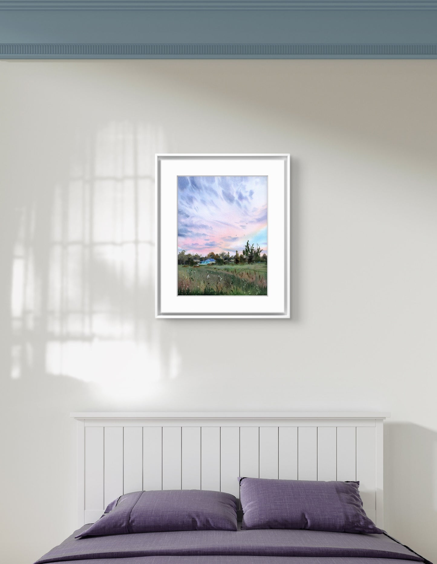 Original Field Sunset Watercolor Painting | Pink Sky Rural Landscape Art,  Under the Wide Sky 12x16