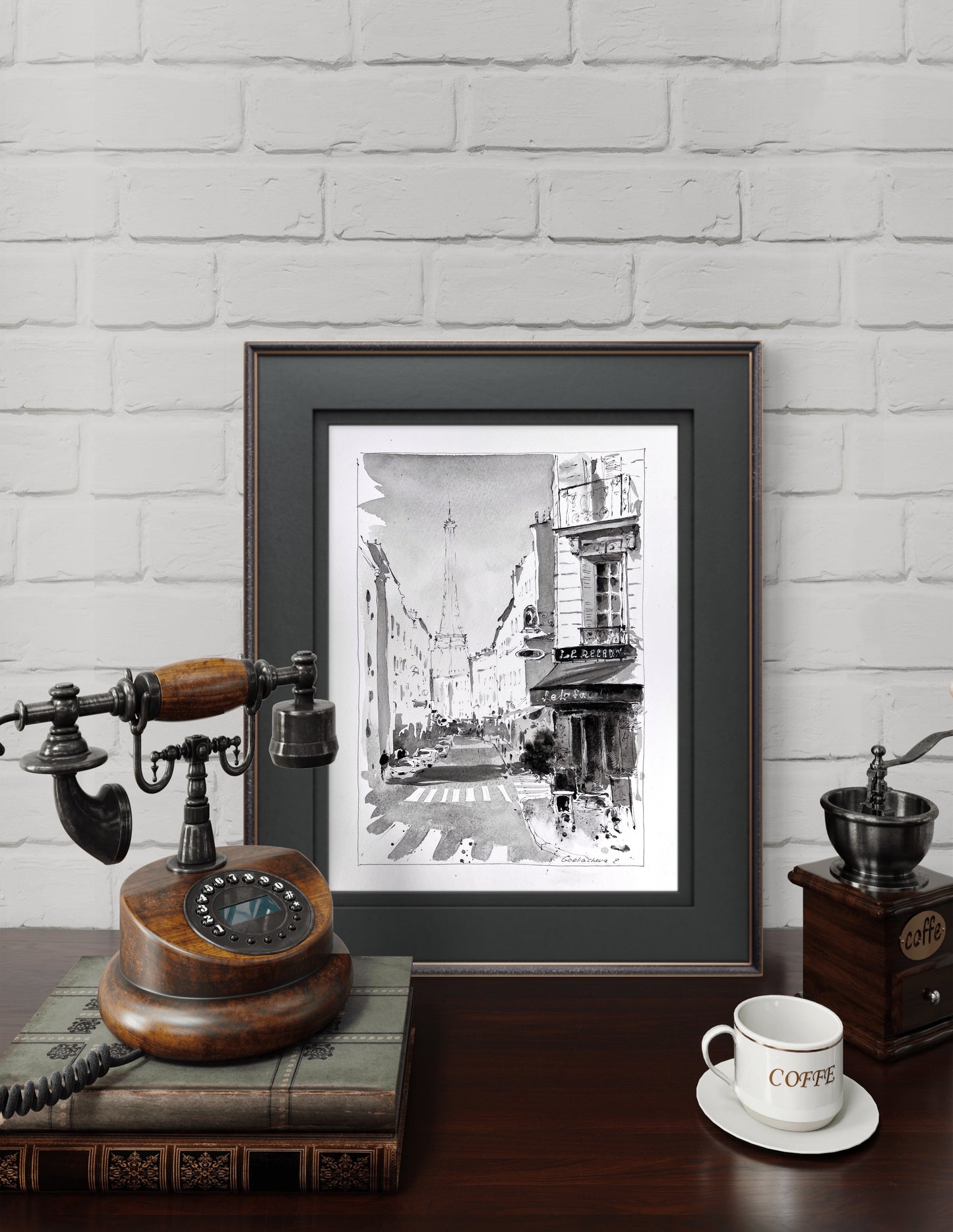 Original Parisian Street Watercolor - Black and White City Art, Parisian Dreams