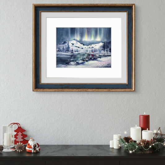 Watercolor Northern Lights Painting, Original Winter Landscape Art, Winter Magic 9x12 (Copy)