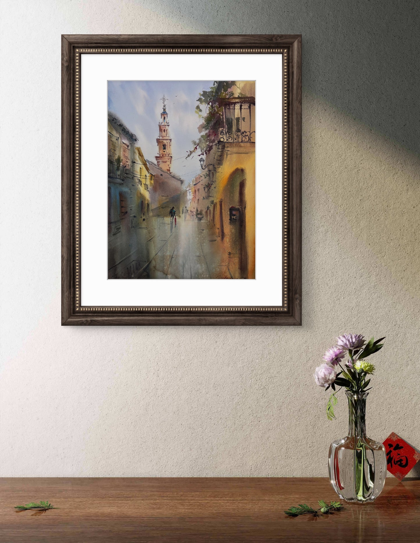 Original Sunlit European Street Watercolor Painting,A Walk Through Old Valencia 12x16