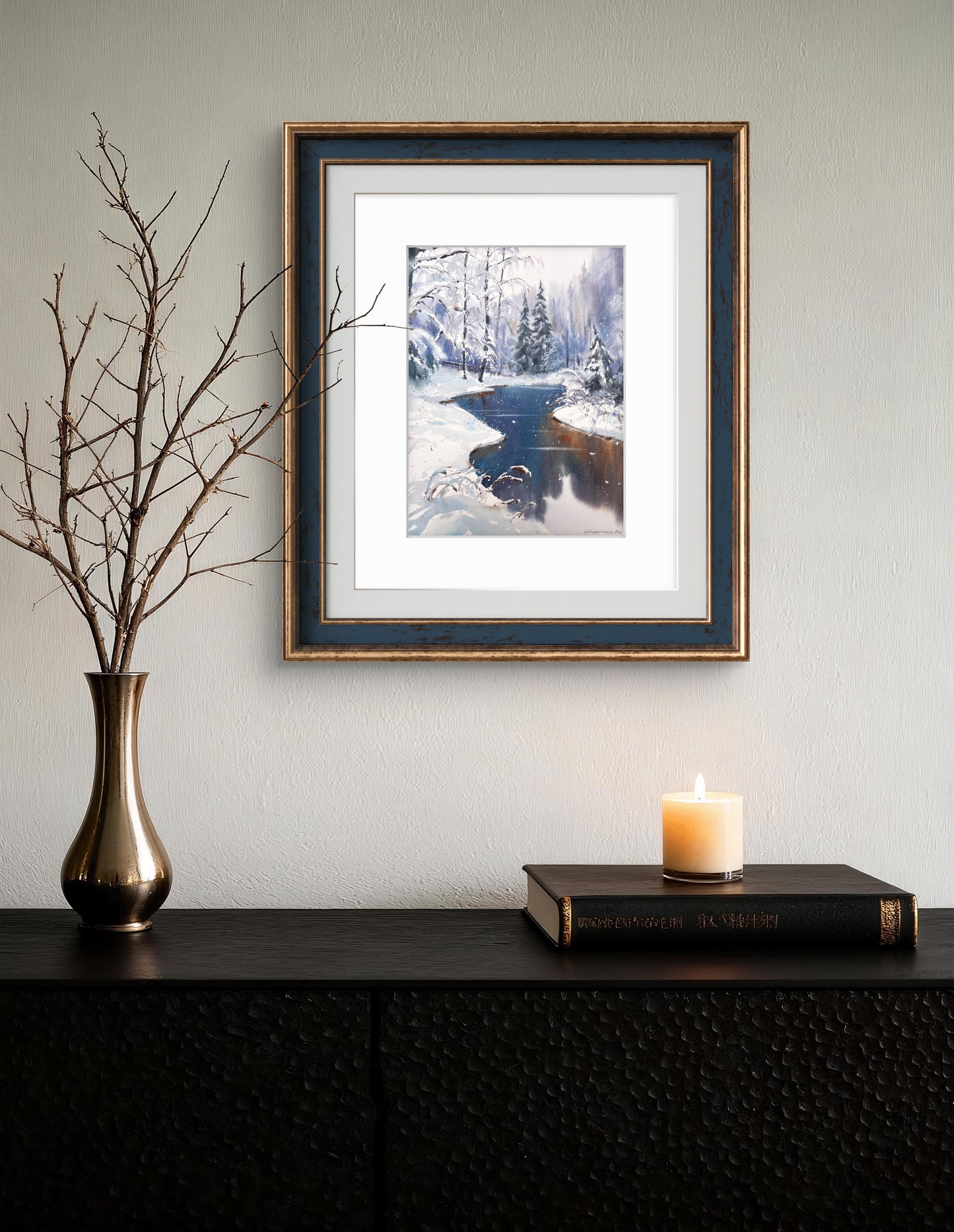 Original Winter Landscape Watercolor Painting, Snowy Forest River Art, Crystal Dawn 9x12