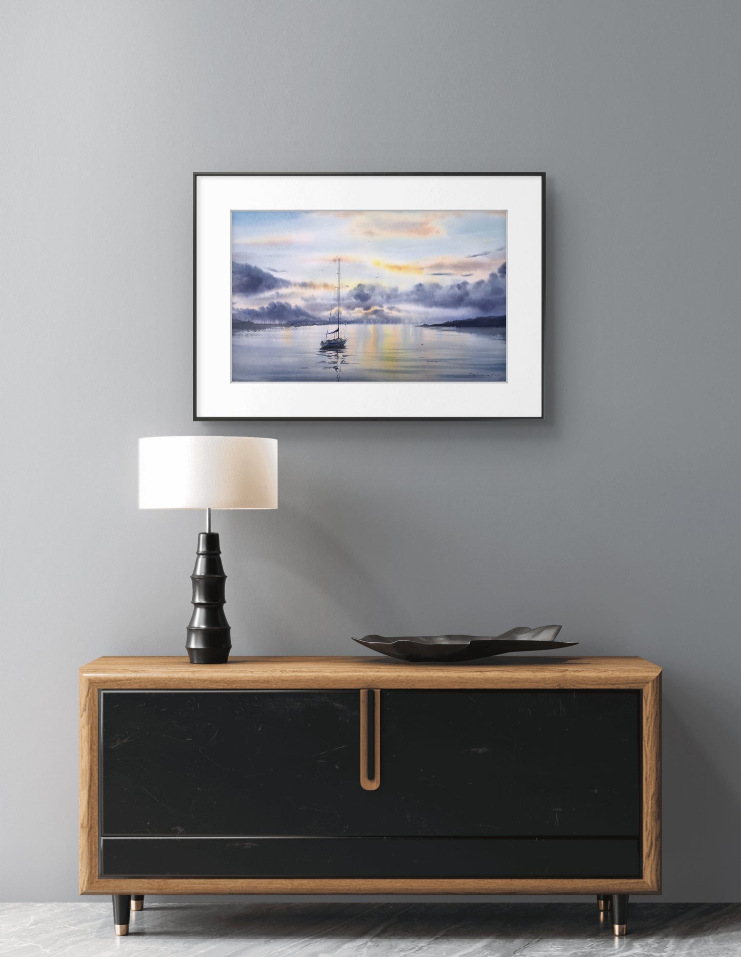 Seascape Painting Watercolor Original - Yachts at sunset #8 - 13x22 in