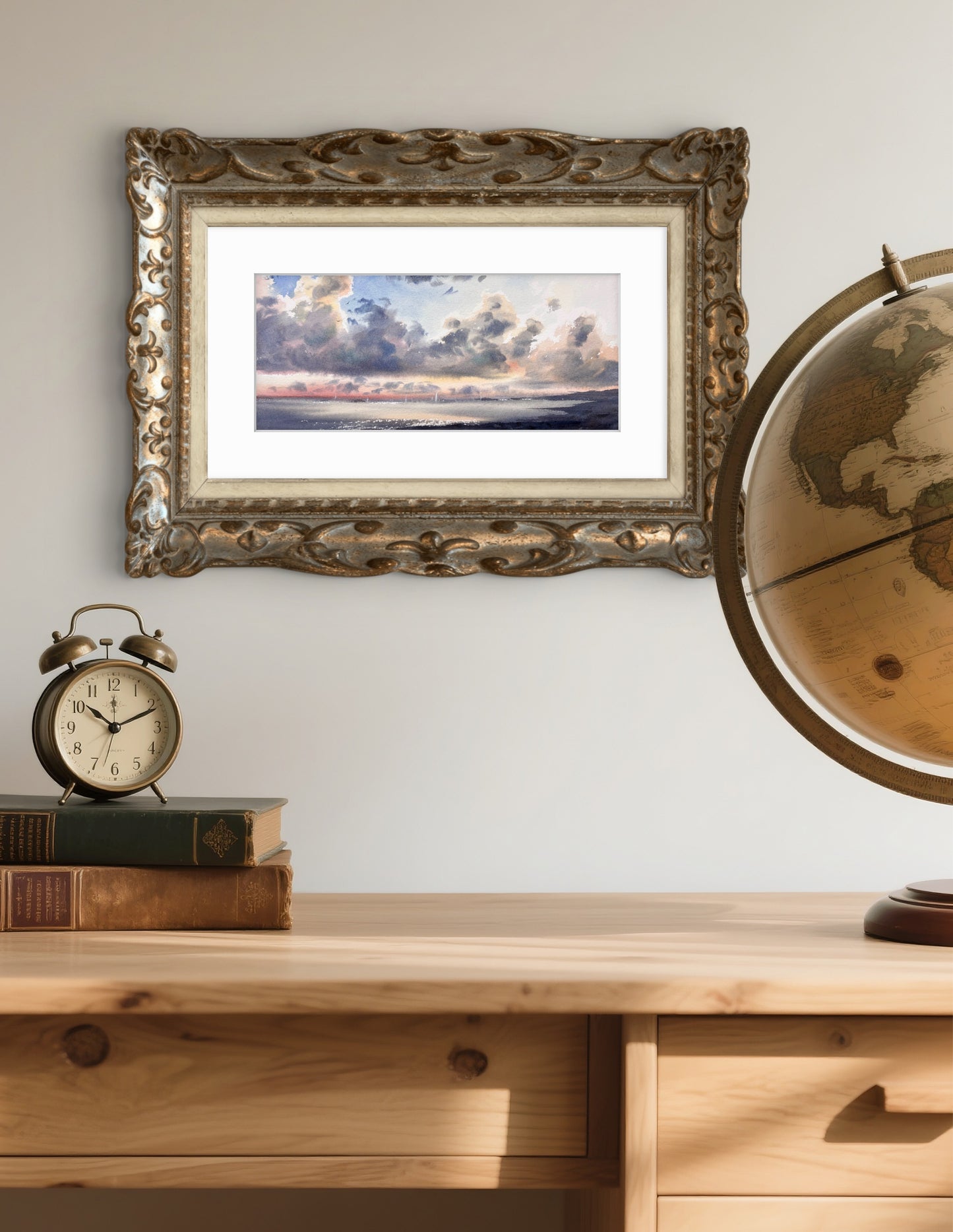 Watercolor Ocean Sunset Art, Dramatic Clouds Sunset Ocean Painting, Yachts at sunset #22 6x13