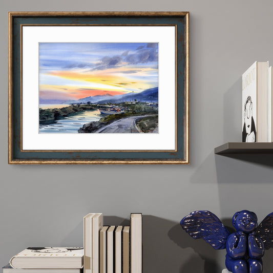 Seascape Watercolor Painting, Golden Hour in Cyprus #2 12x16