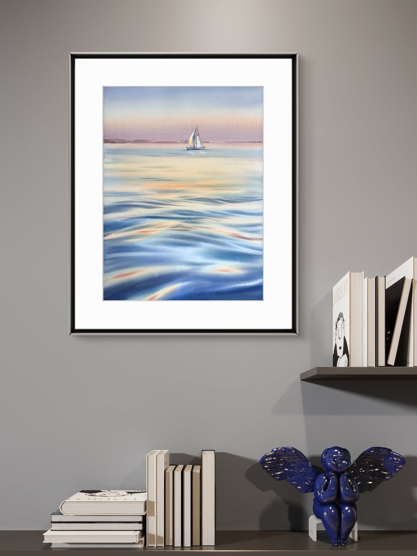 Pastel Sea Watercolor Painting, Sailboat at Sunset, Original Ocean Artwork, Sunset Yacht Song 12x16