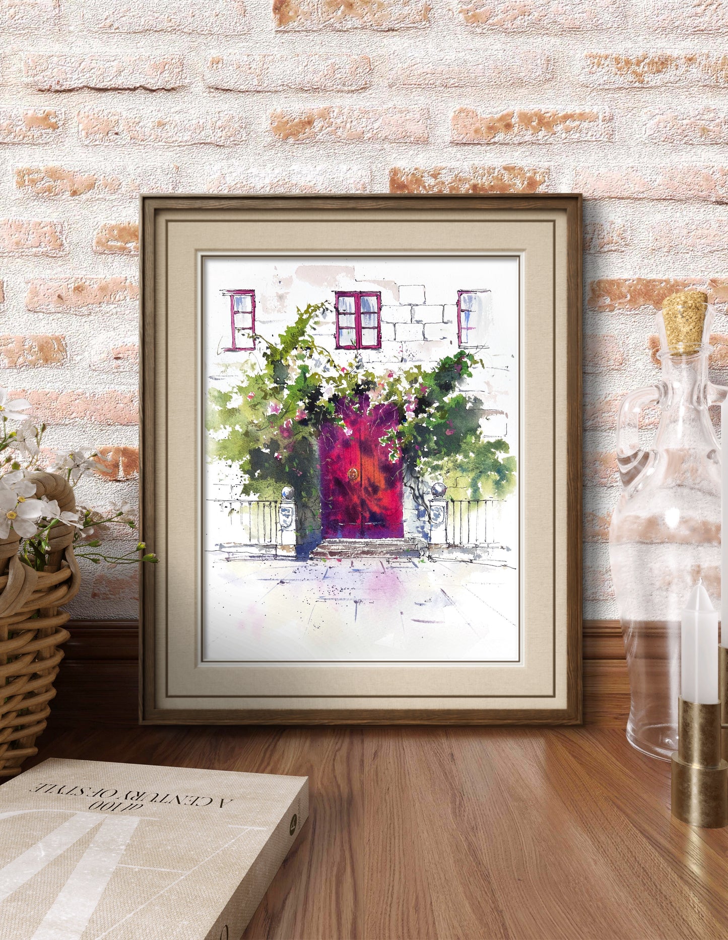 Watercolor Spanish Door Painting, The Red Door of Spain 9x12in