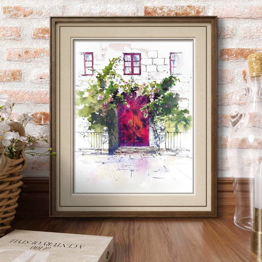 Watercolor Spanish Door Painting, The Red Door of Spain 9x12in