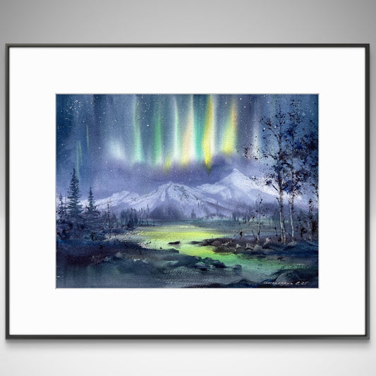 Original Aurora Borealis Painting, Northern Lights Watercolor Art, Dance of the Aurora 9x12