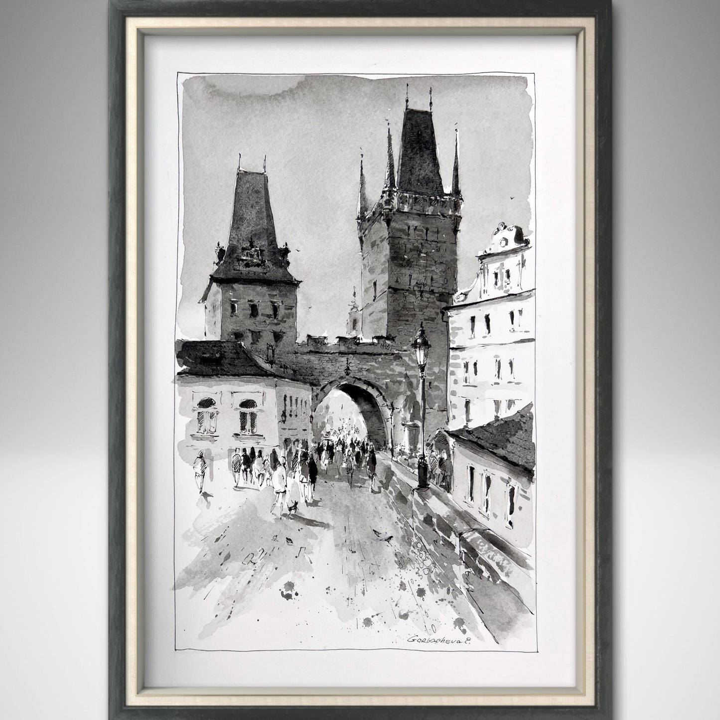 Original Black and White Prague Tales Watercolor Painting