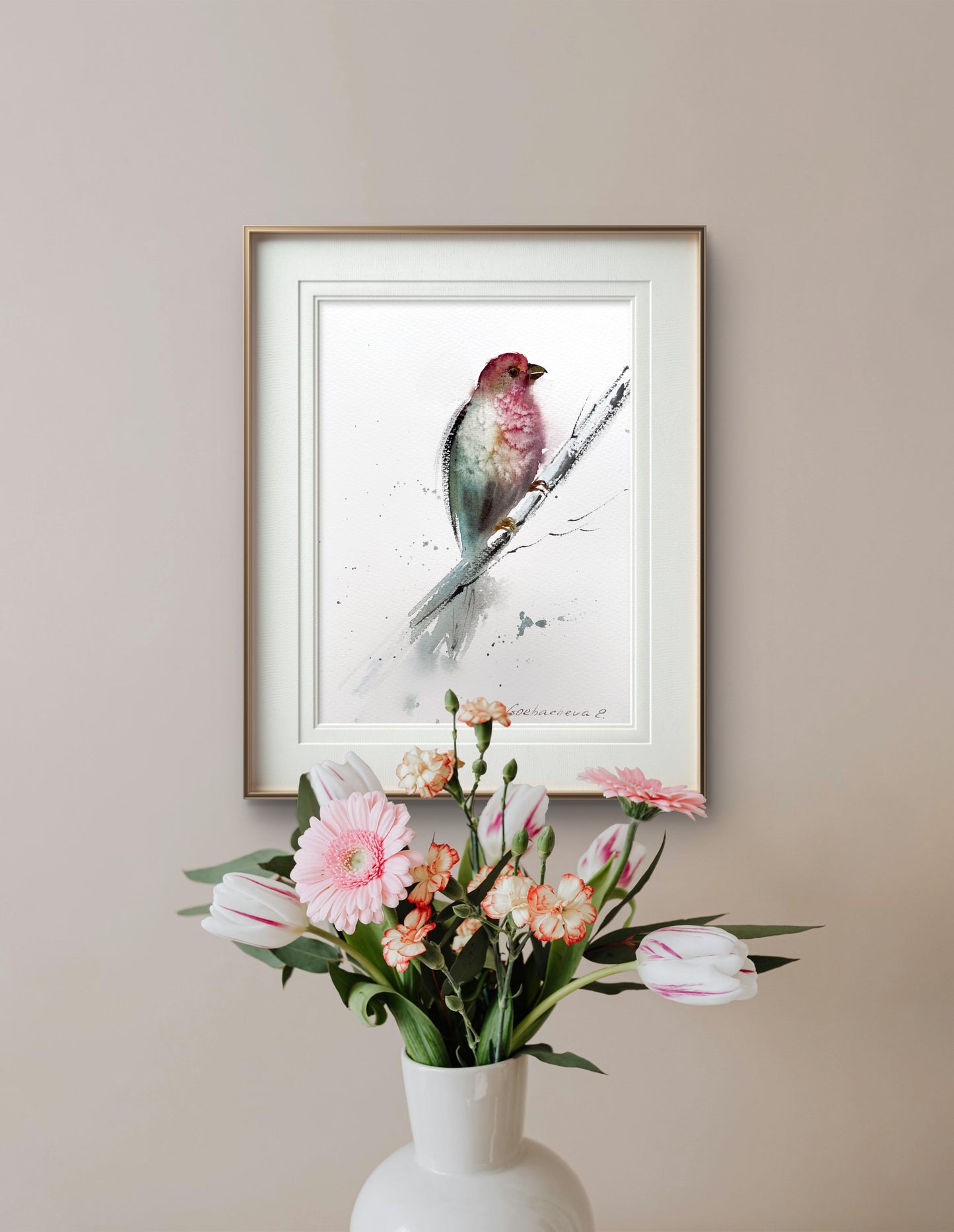 Red-Green Bird Minimal Art, Handmade Watercolor Painting, Unique Art Piece for Home, Red bird