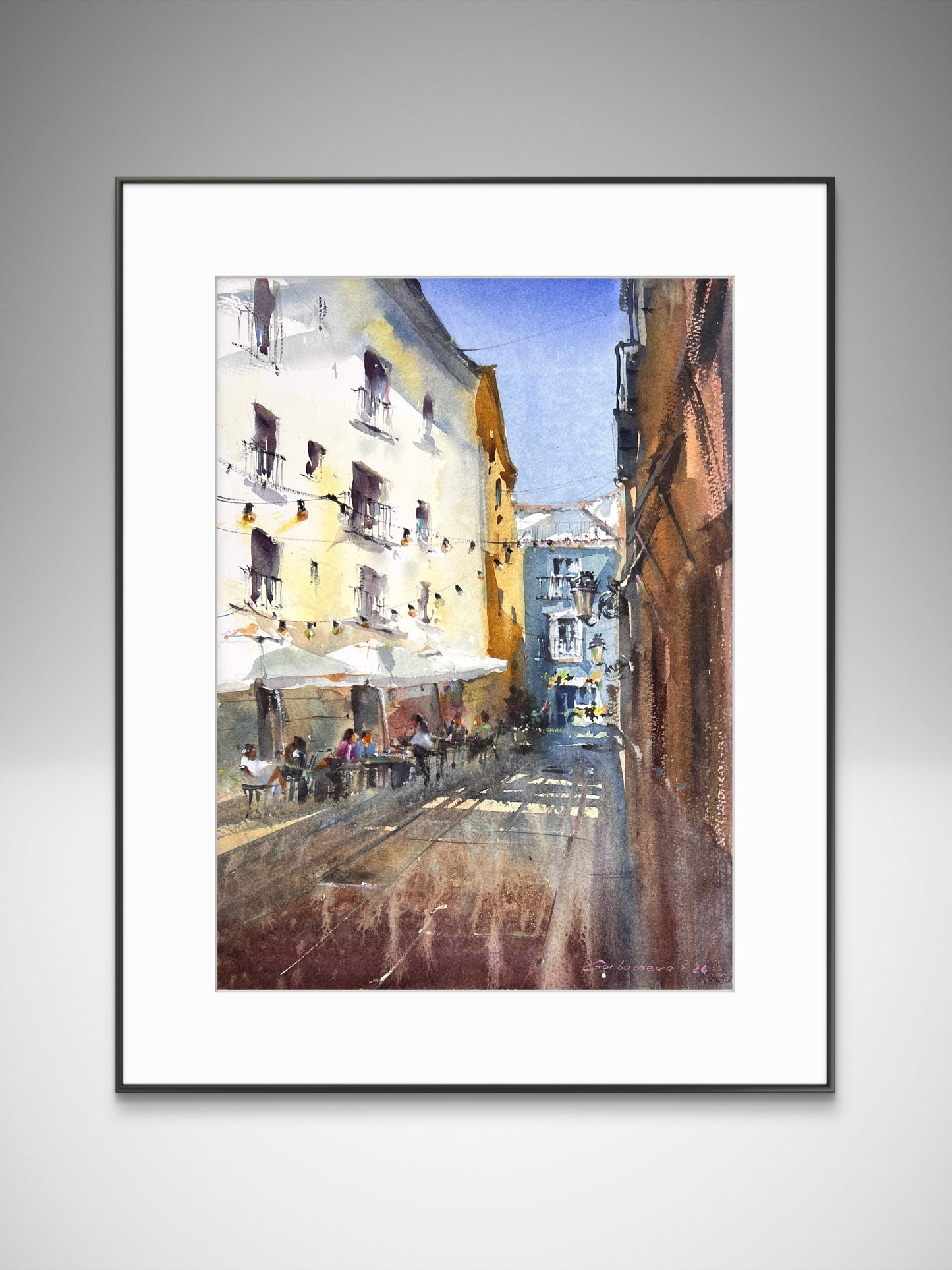 Valencia Street Watercolor Painting, Spanish Cityscape Art, Sunlit Valencia Alley 11x15