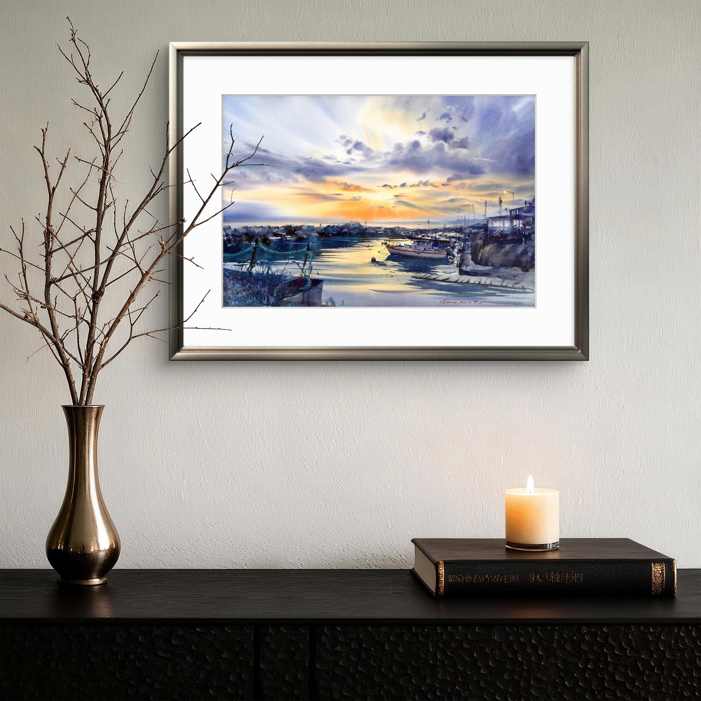 Cyprus Harbor Sunset Watercolor Painting, Harbor of Silent Dreams 15x22 in