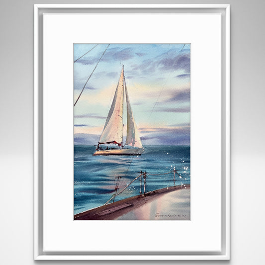 Sea Sailboat Small Painting, Watercolor Original - Yachts at Sea #19
