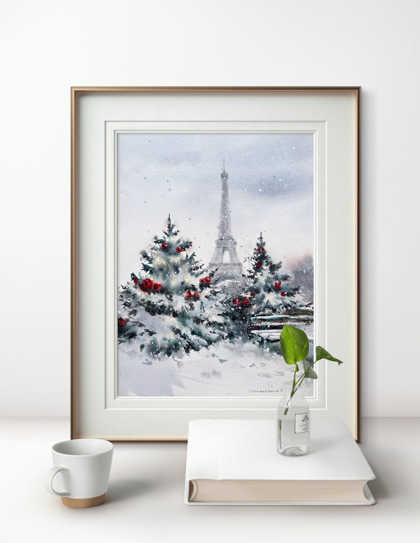 Christmas in Paris Original Painting - Eiffel Tower Snowy Fir Trees