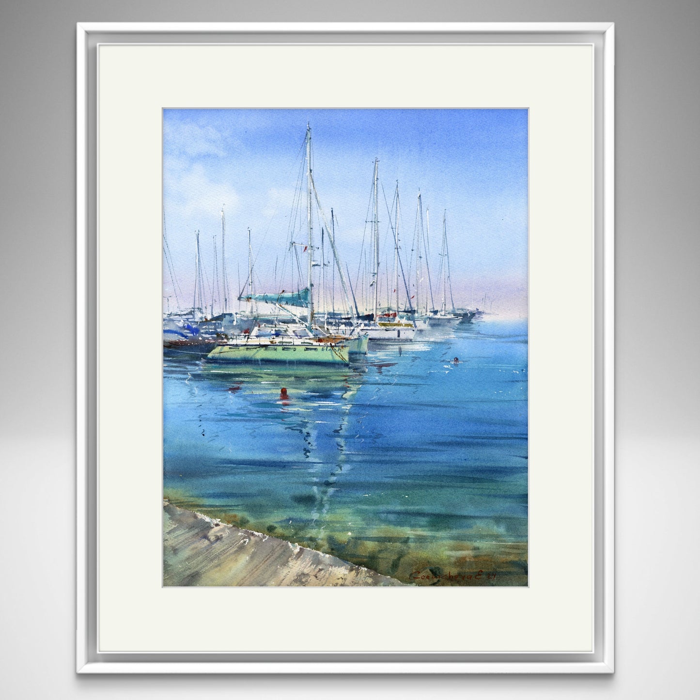 Yachts at Anchor #19 - Watercolor Painting - Blue Sea Marina Art