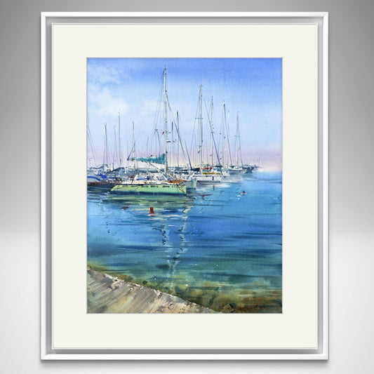 Yachts at Anchor #19 - Watercolor Painting - Blue Sea Marina Art