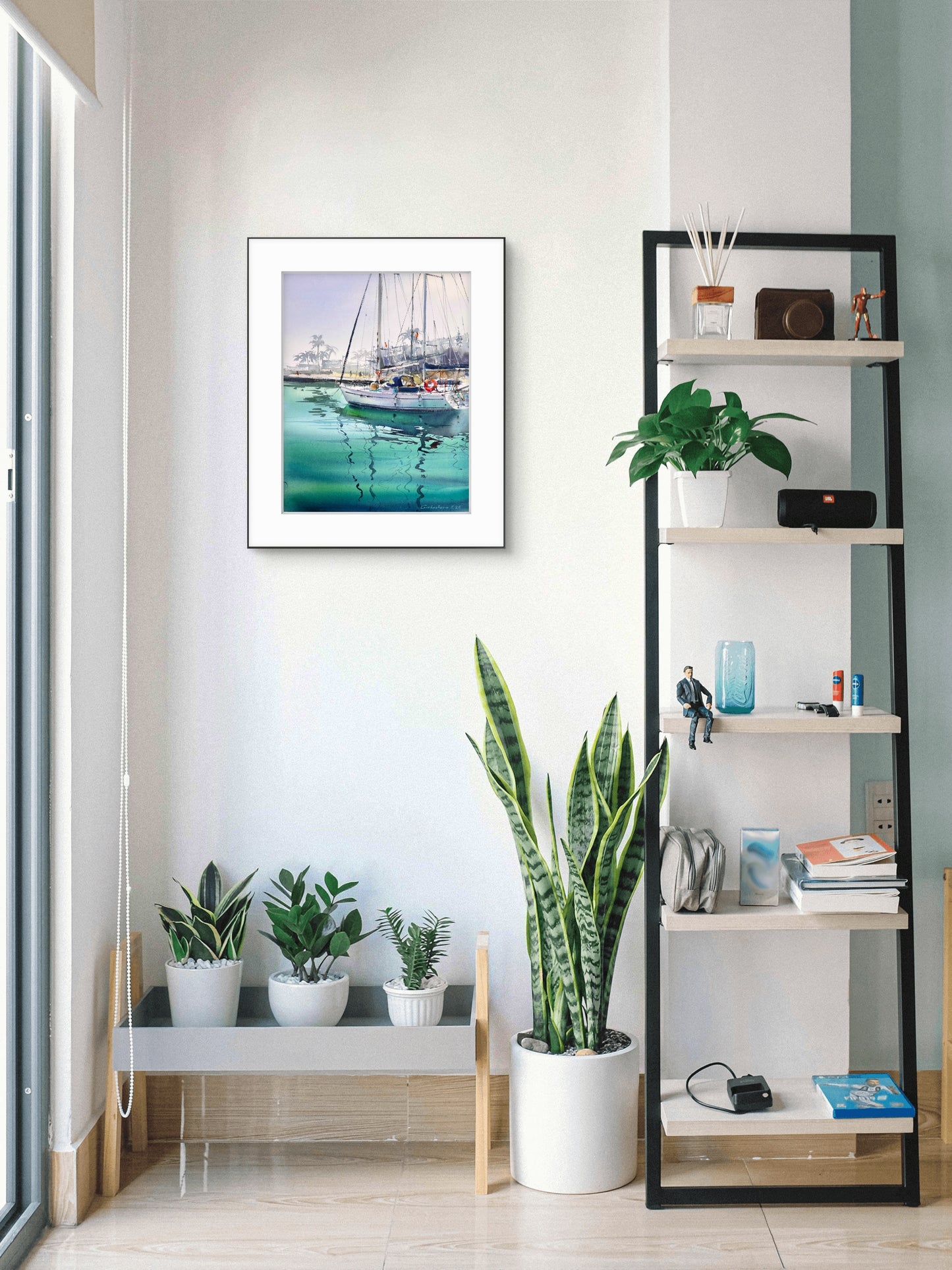 Tropical Sailboat Watercolor Painting, Coastal Marina Art, Emerald Silence 12x16