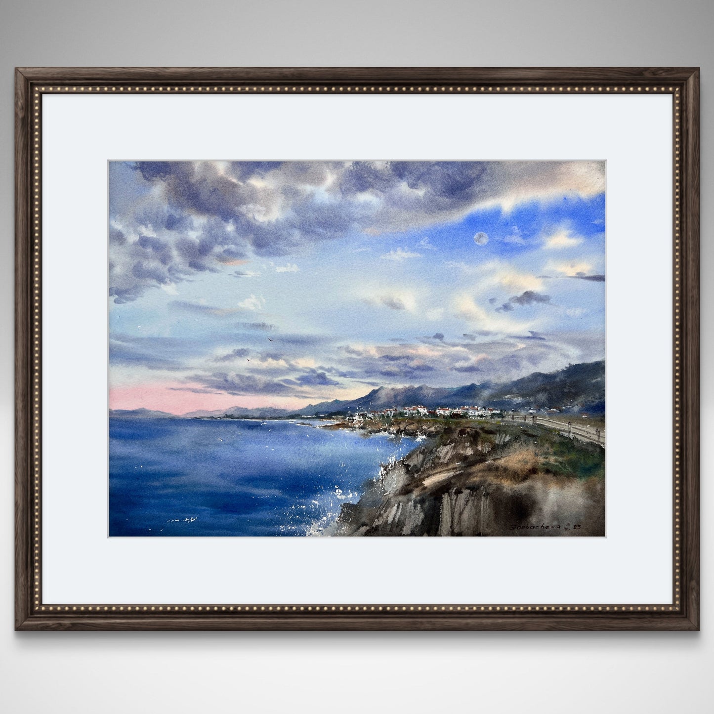 Cyprus Coast Watercolor Original Painting, Sea coast of Cyprus Clouds #3 12x16