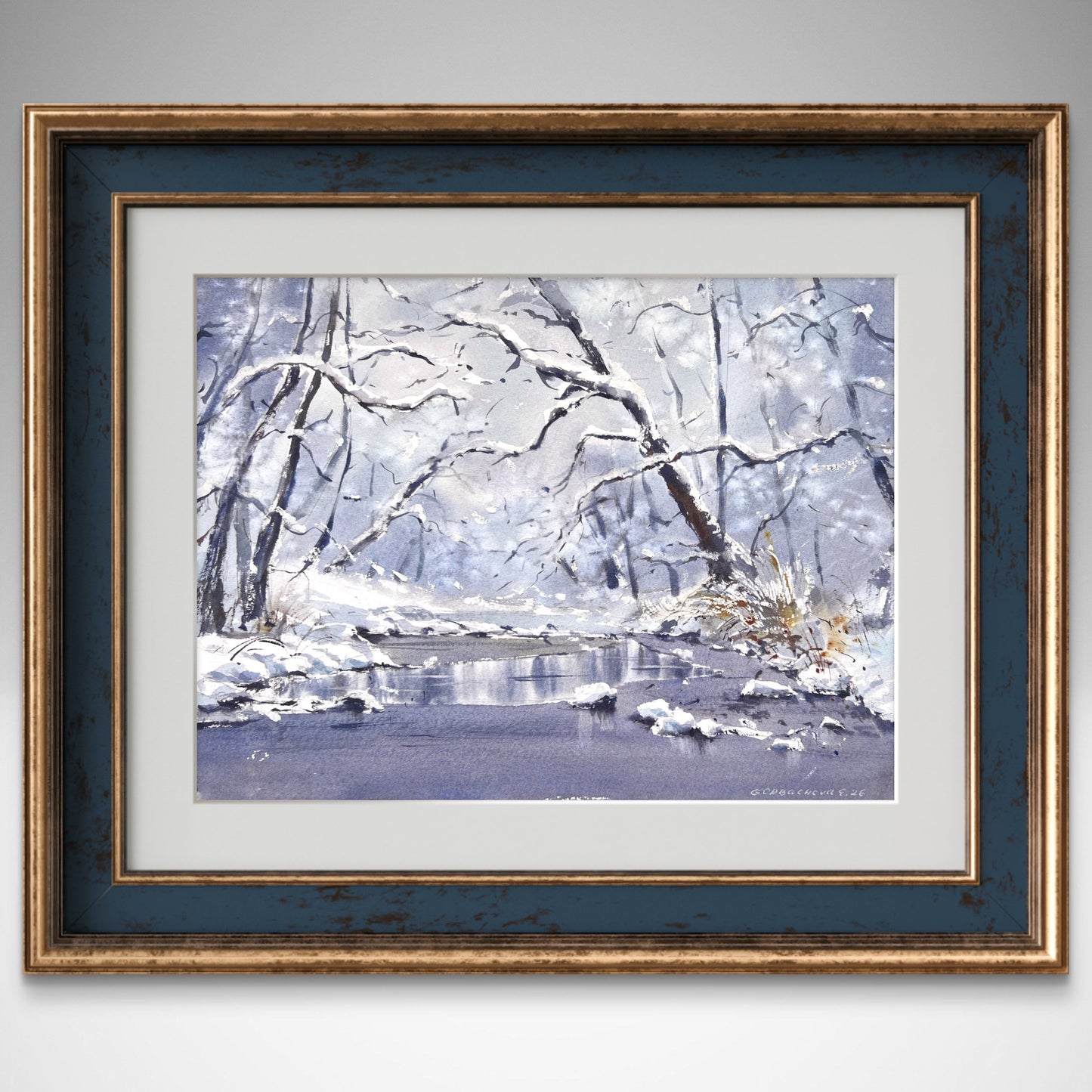 Winter Forest Watercolor Painting, Snowy River Original Art, Winter’s Gentle Lace  9x12