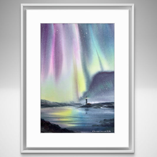 Aurora Borealis Painting Watercolor Original - Lighthouse at night 8x12