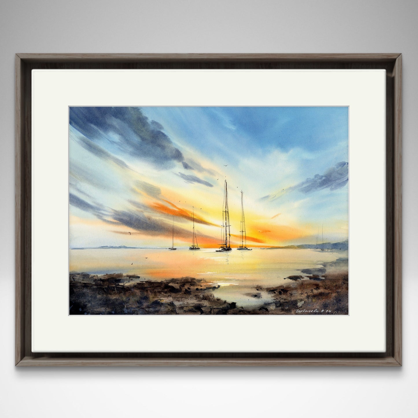 Watercolor Yachts at Sunset #20, Original Artwork, Coastal Painting 12x16