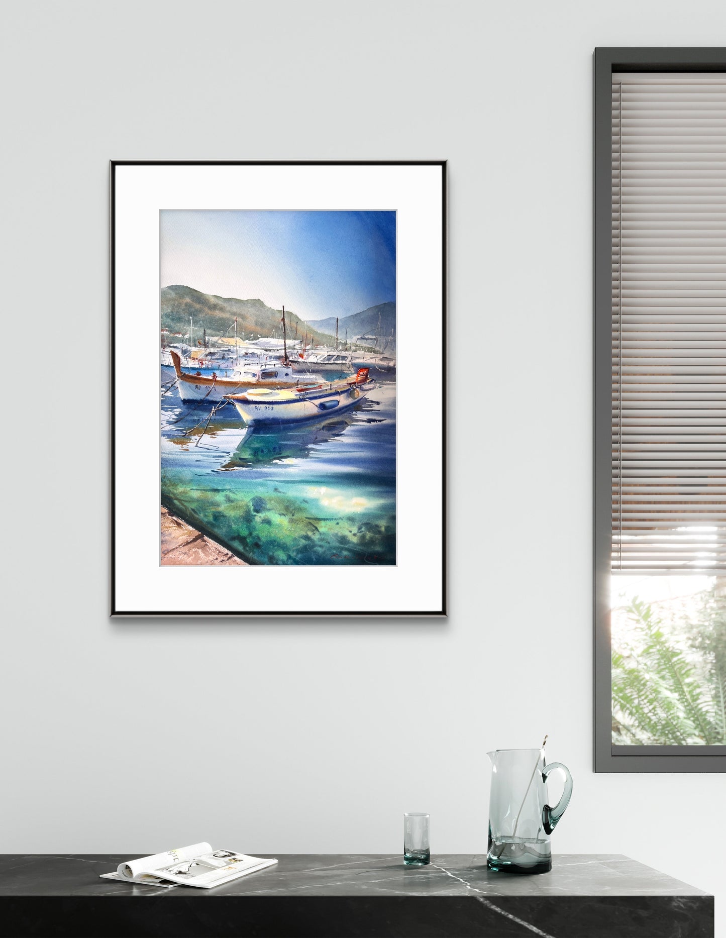Seascape Watercolor Painting, Boat Harbor Wall Art, Morning at the pier 15x22
