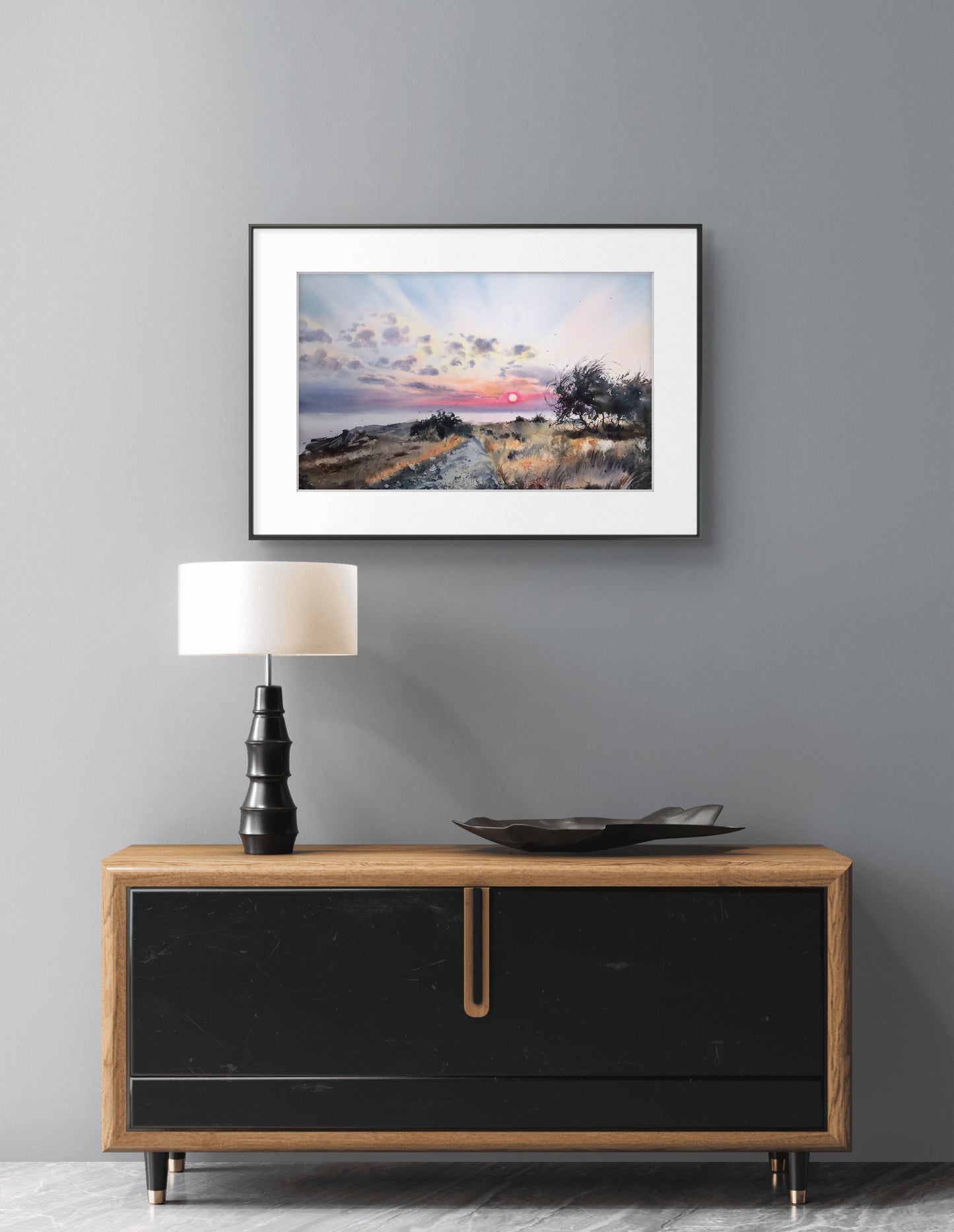 Seascape Painting Watercolor Original - Sunset on the Sea Cyprus - 13 x 22 in