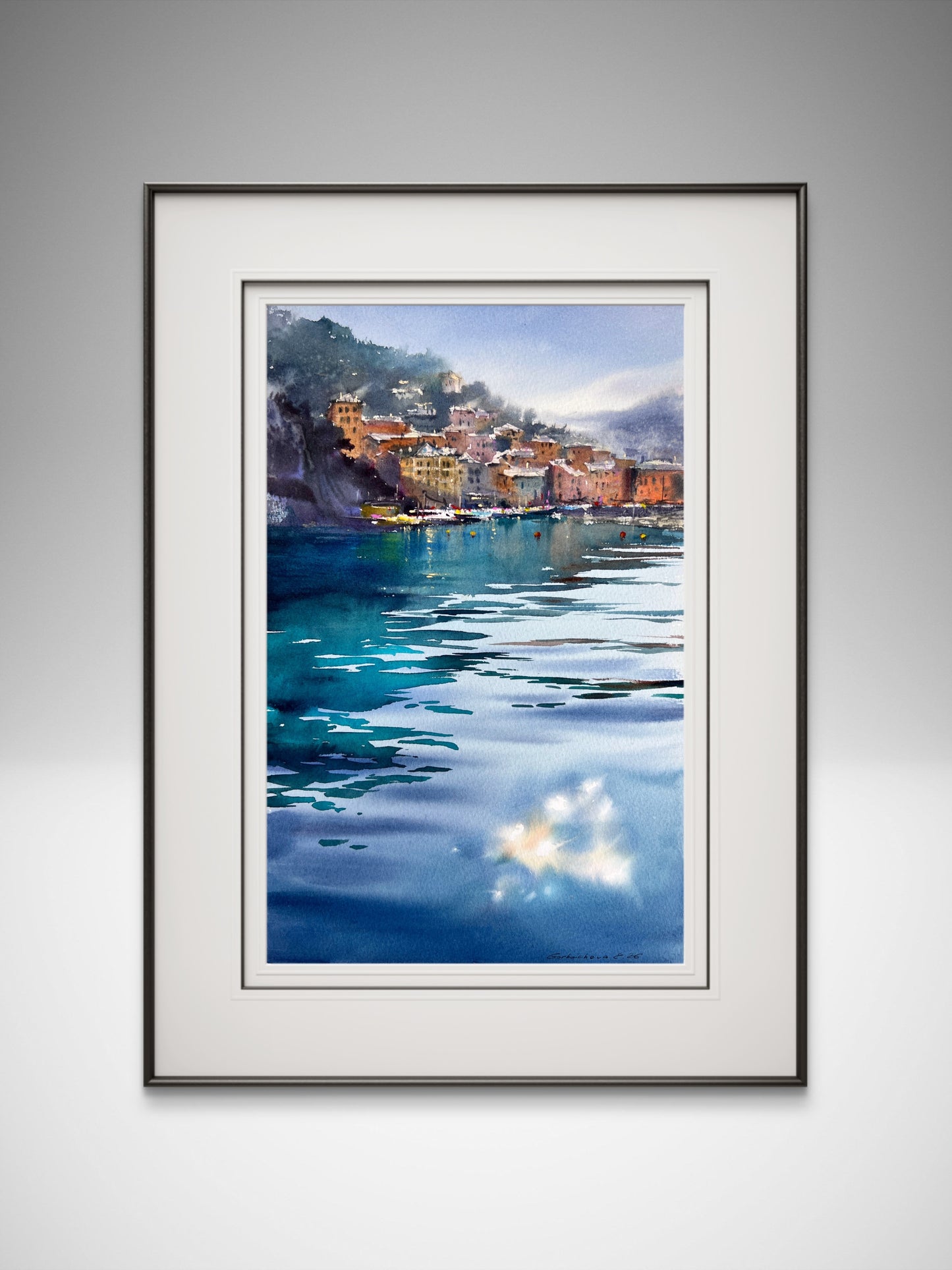 Camogli Italy Watercolor Painting, Coastal Harbor Art, Blue Italian Morning. Camogli 9x14