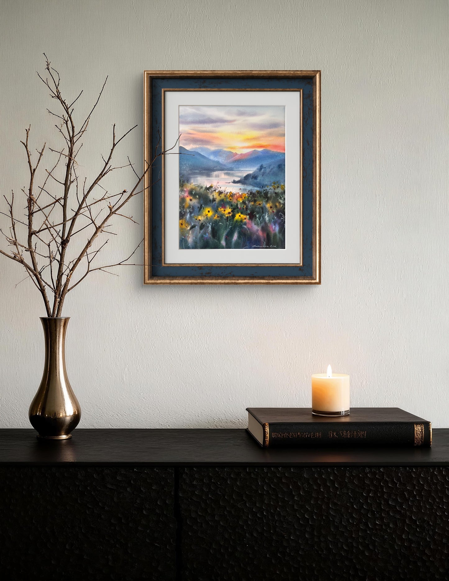 Oregon Watercolor Landscape Sunset, Mountain Lake Wildflowers, Golden Quiet Oregon 9x12