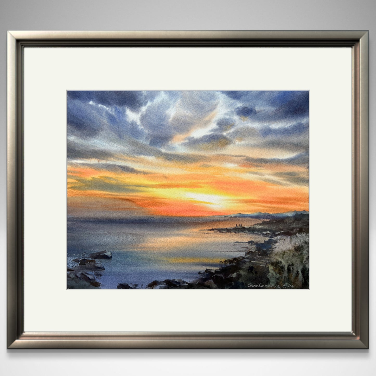 Ocean Sunset Original Painting - "Orange Sunset #23", Blue Sea Watercolor, Artistic Home Accent, Ideal Wedding Gift