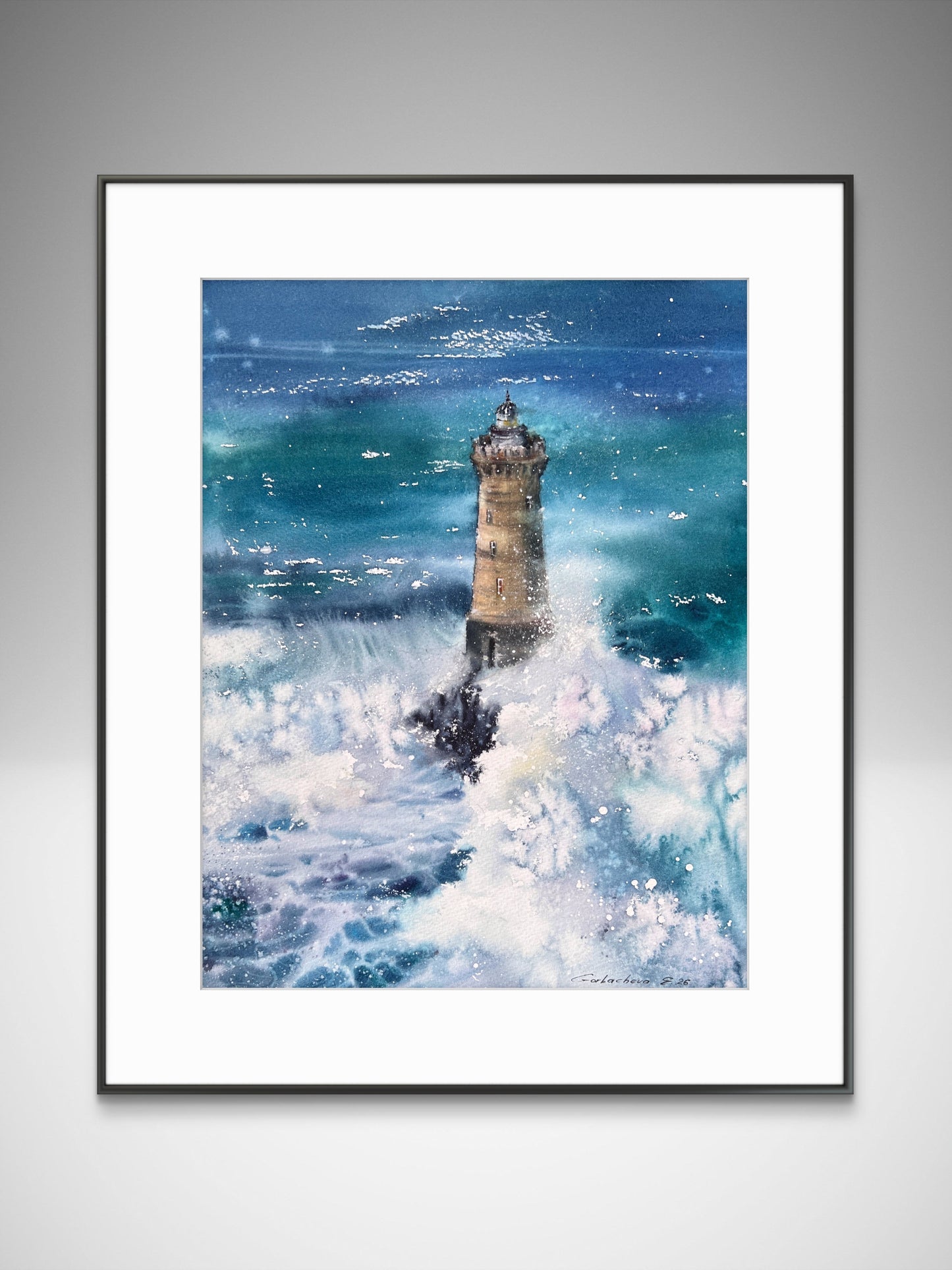 Dramatic Lighthouse Watercolor Painting, Ocean Storm Art, Silent Ocean Guardian 11x15