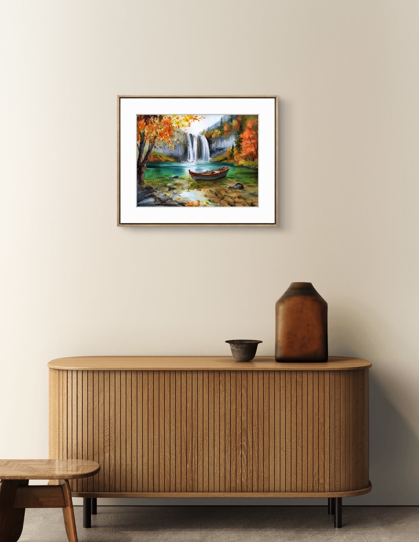Original Waterfall Watercolor Painting, Autumn Landscape Wall Art, Boat Beneath Autumn’s Cascade 12x16 in