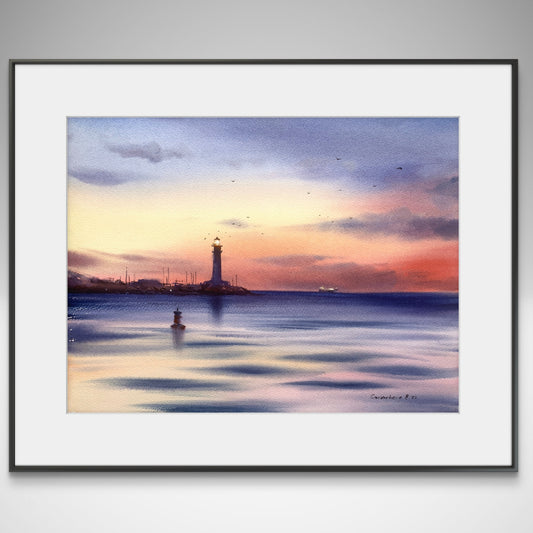 Lighthouse Painting Watercolor Original, Coastal Living Room Decor, Seascape Wall Art, Artwork, Lighthouse at sunset #8 12x16